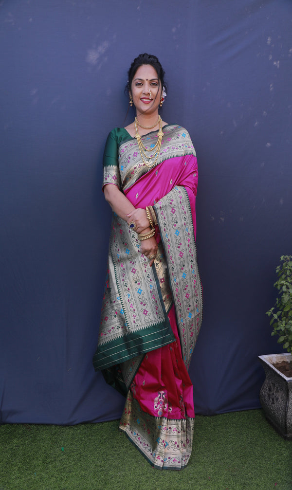 Dark Pink color paithani silk saree with golden zari weaving work