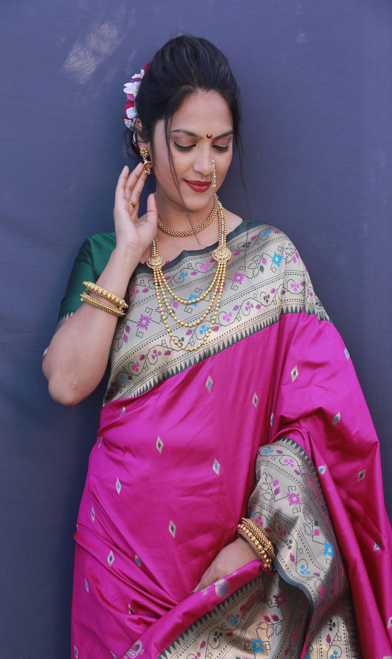 Dark Pink color paithani silk saree with golden zari weaving work
