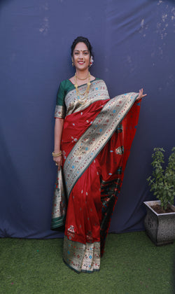 Dark Red color paithani silk saree with golden zari weaving work