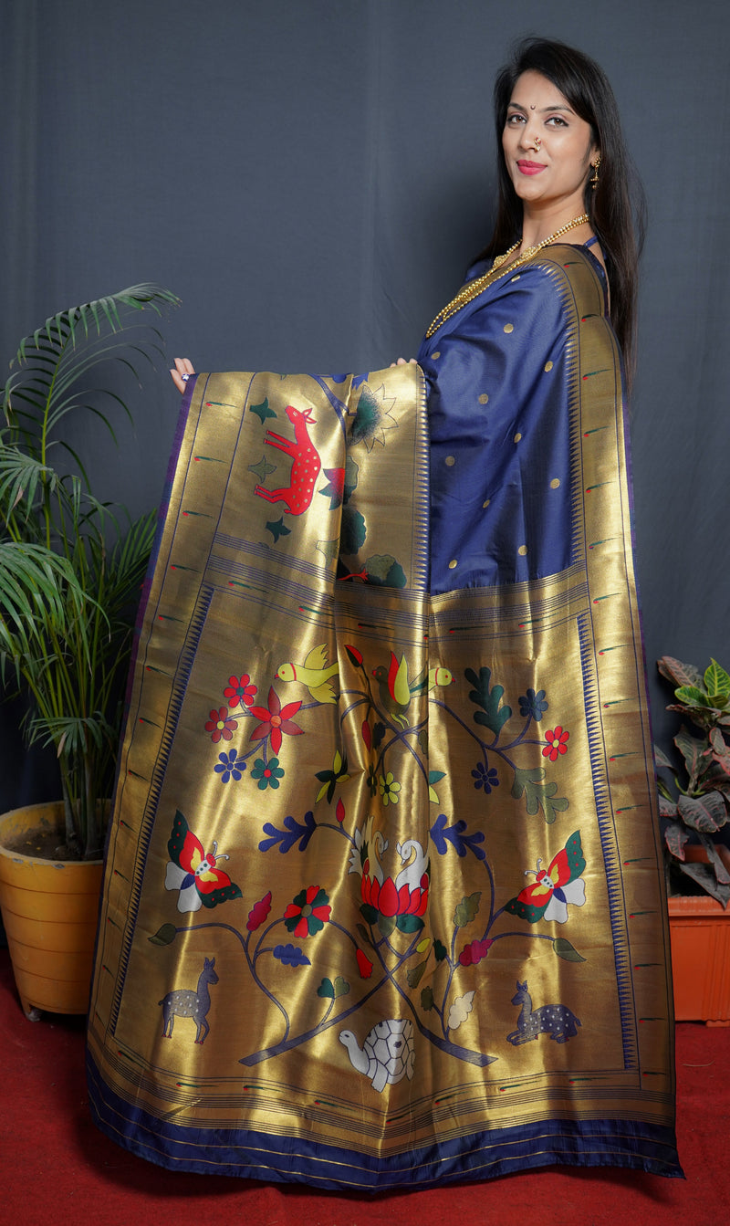Navy Blue Color Rich Golden Pallu Banarasi Soft Silk Saree
