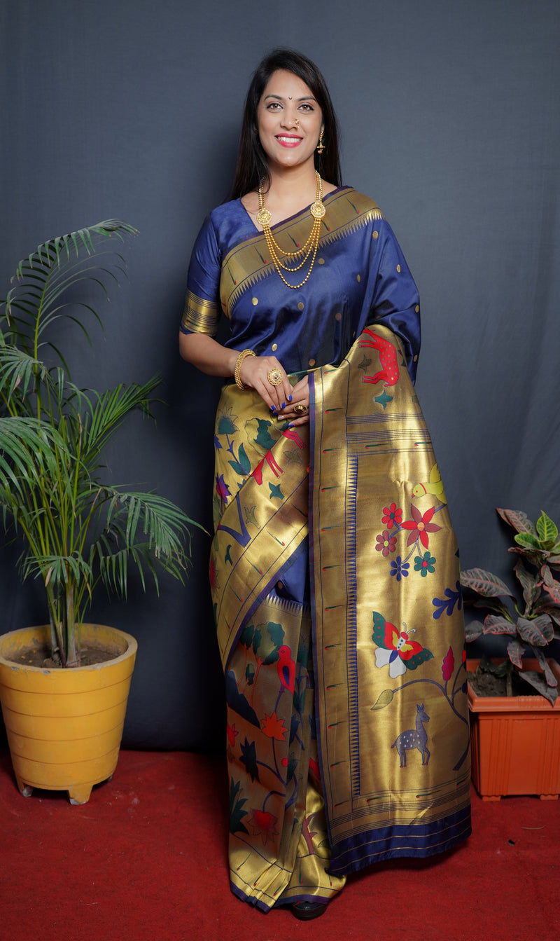 Navy Blue Color Rich Golden Pallu Banarasi Soft Silk Saree