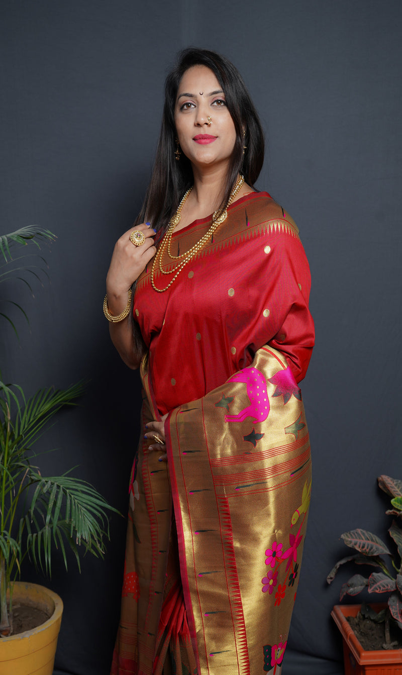 Blood Red Color Rich Golden Pallu Banarasi Soft Silk Saree