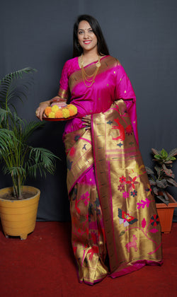 Deep Pink Color Rich Golden Pallu Banarasi Soft Silk Saree