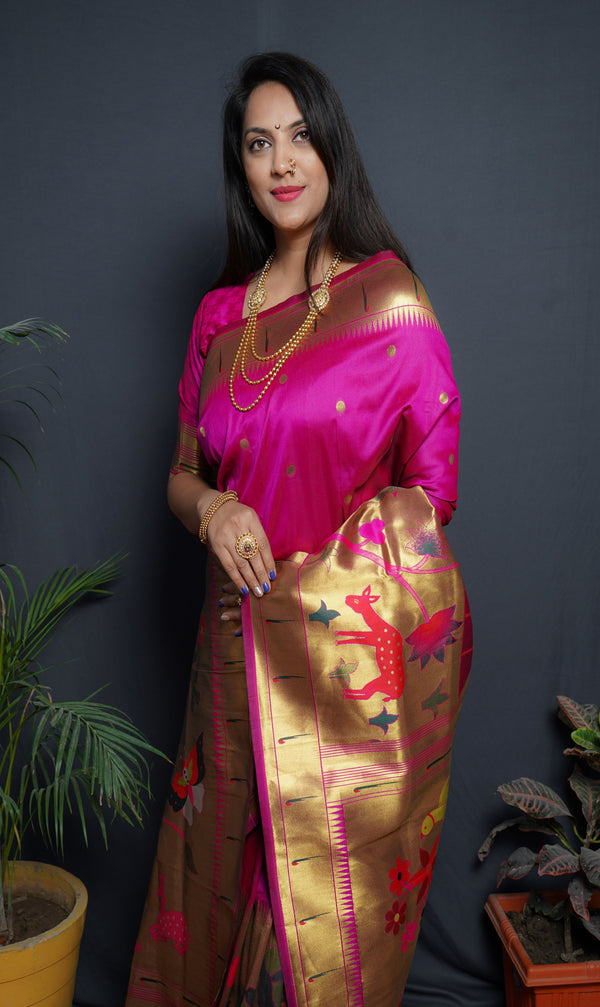 Deep Pink Color Rich Golden Pallu Banarasi Soft Silk Saree