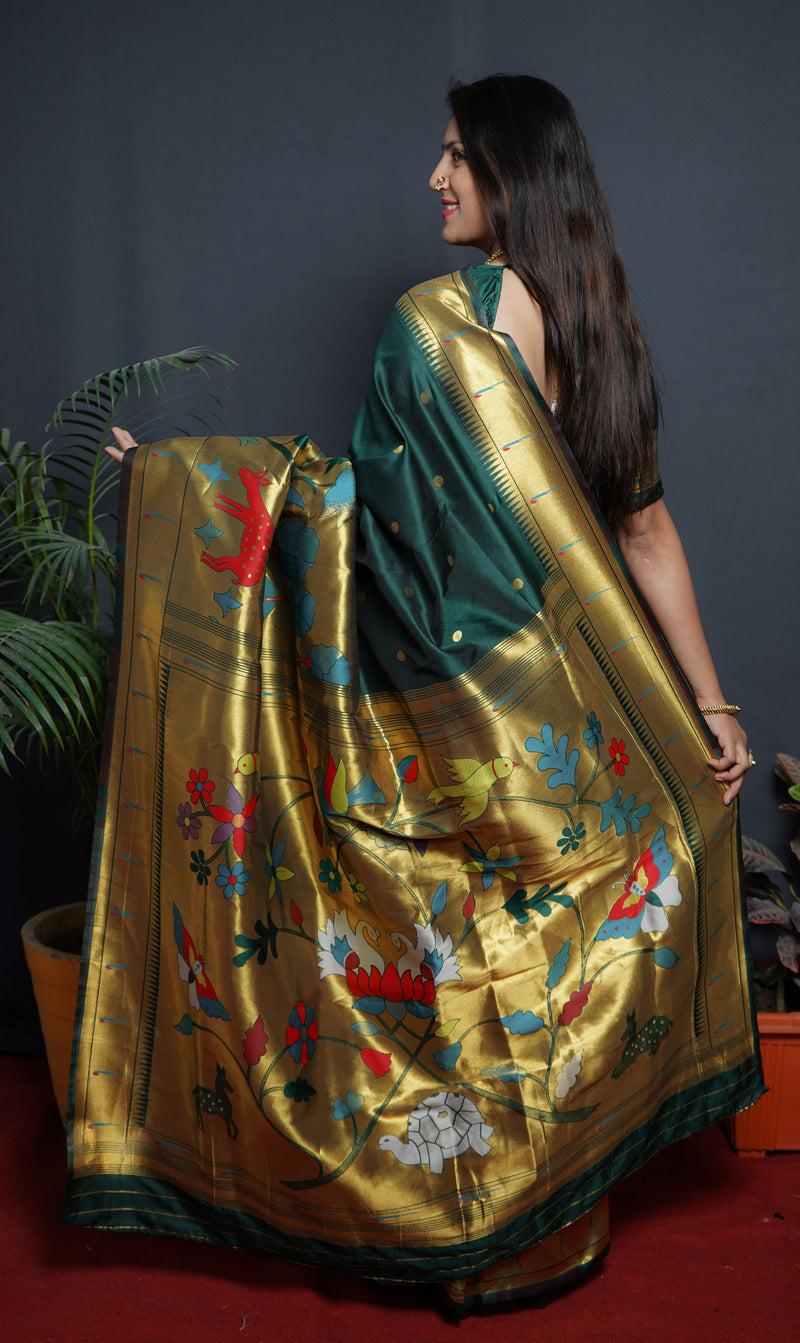 Dark Green Color Rich Golden Pallu Banarasi Soft Silk Saree