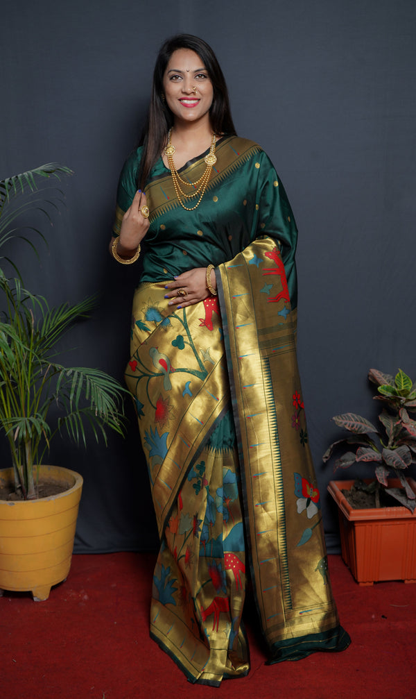 Dark Green Color Rich Golden Pallu Banarasi Soft Silk Saree