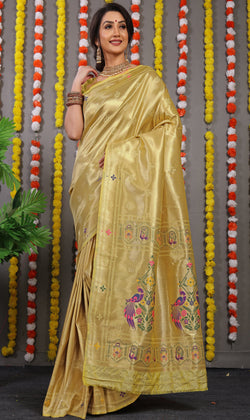 Light Olive Color Paithani Pure silk handloom saree with Pure Jari