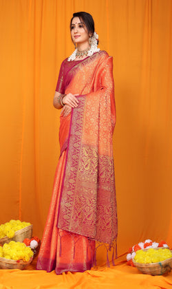 The Pure Silk Banarasi Saree in Light Orange Color