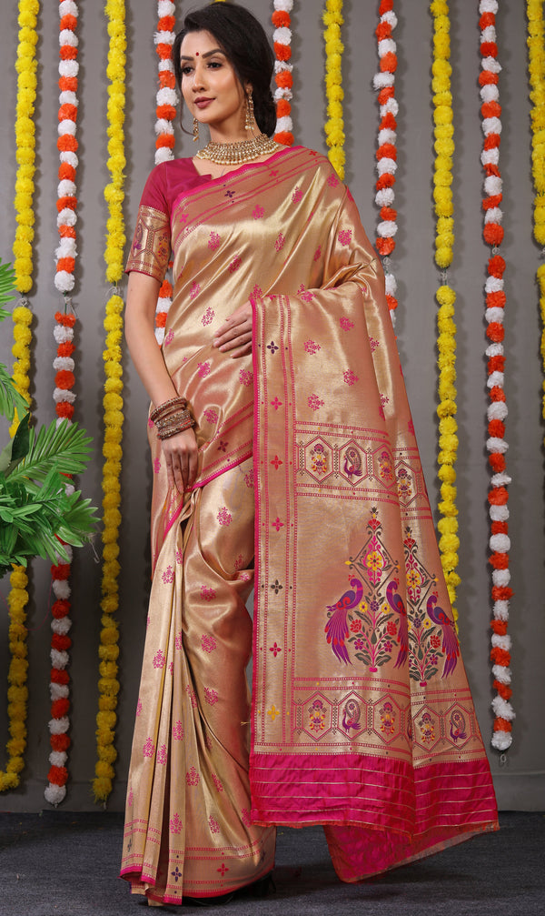Pink Color Paithani Pure silk handloom saree with Pure Jari