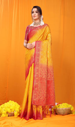 The Pure Silk Banarasi Saree in Cyber Yellow Color