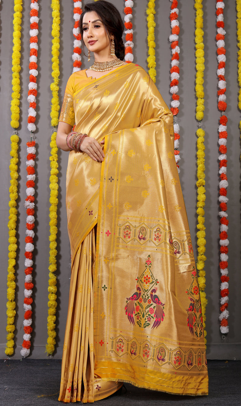 Yellow Color Paithani Pure silk handloom saree with Pure Jari