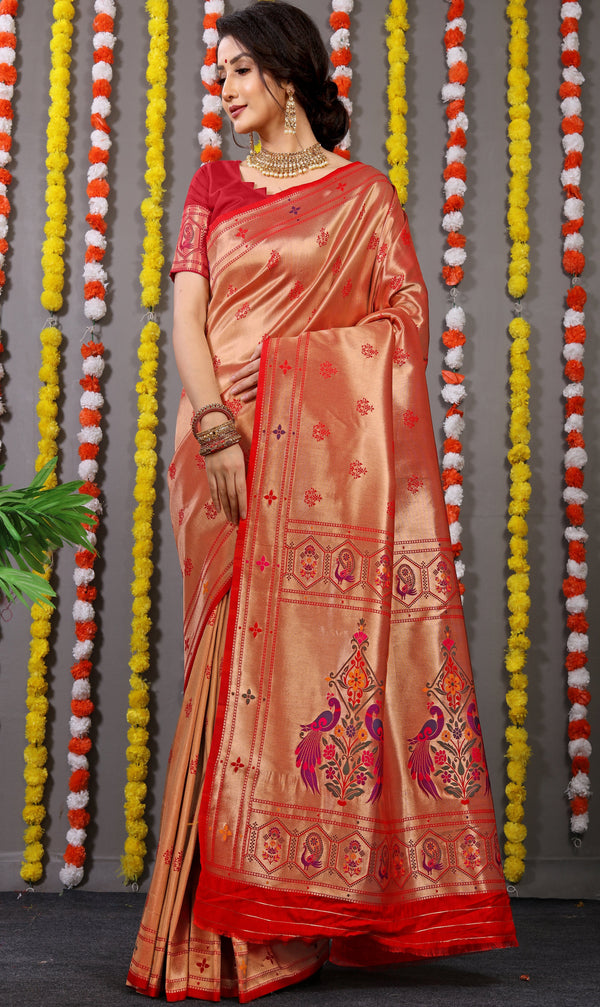 Red Color Paithani Pure silk handloom saree with Pure Jari