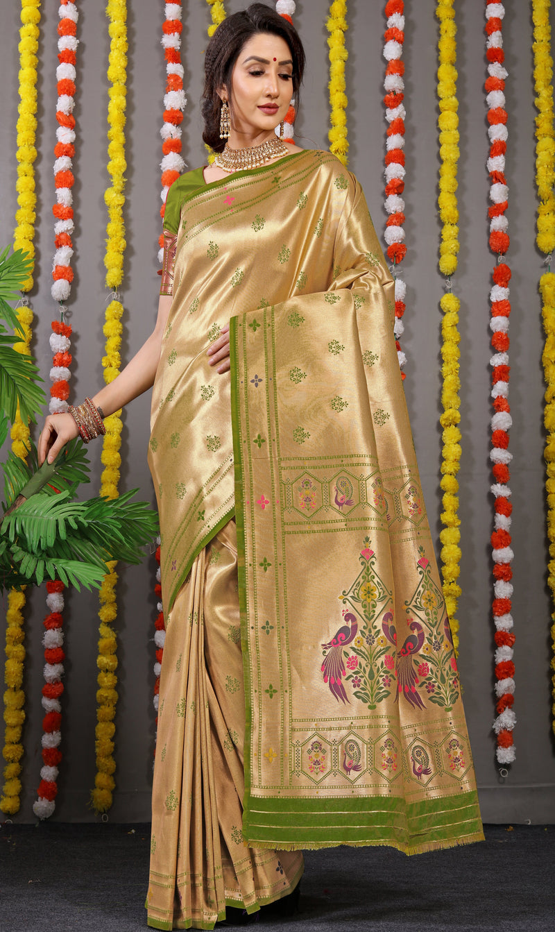 Moss Green Color Paithani Pure silk handloom saree with Pure Jari