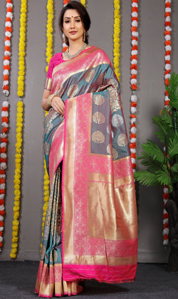 Dusty Rama Golden And Silver Tree Design Banarasi Soft Silk Saree