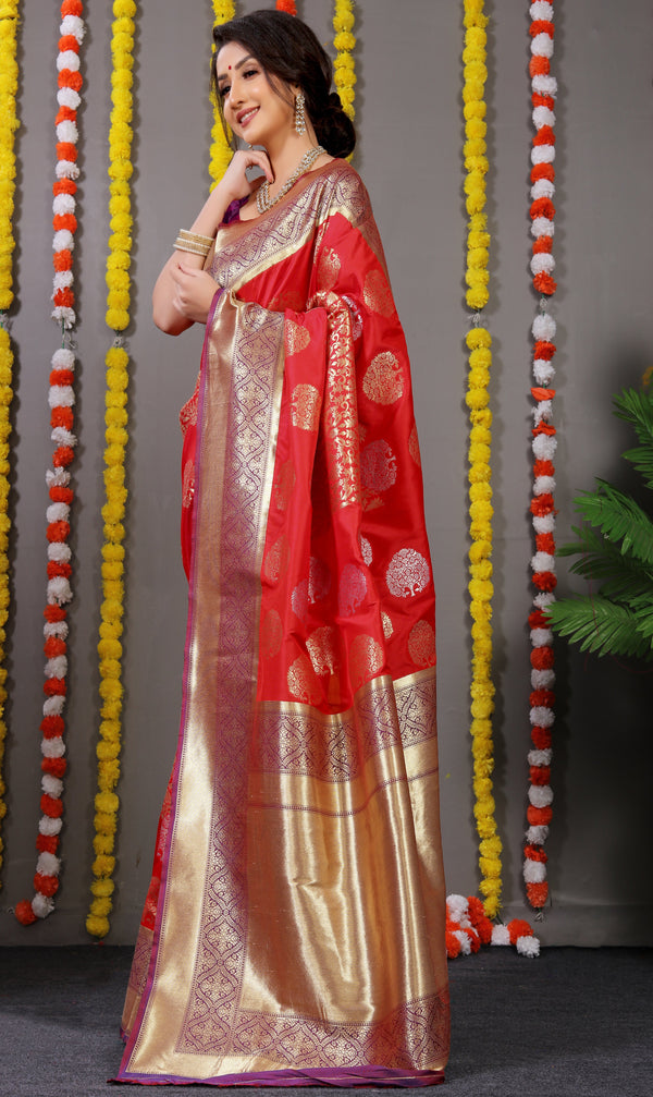 Red Golden And Silver Tree Design Banarasi Soft Silk Saree