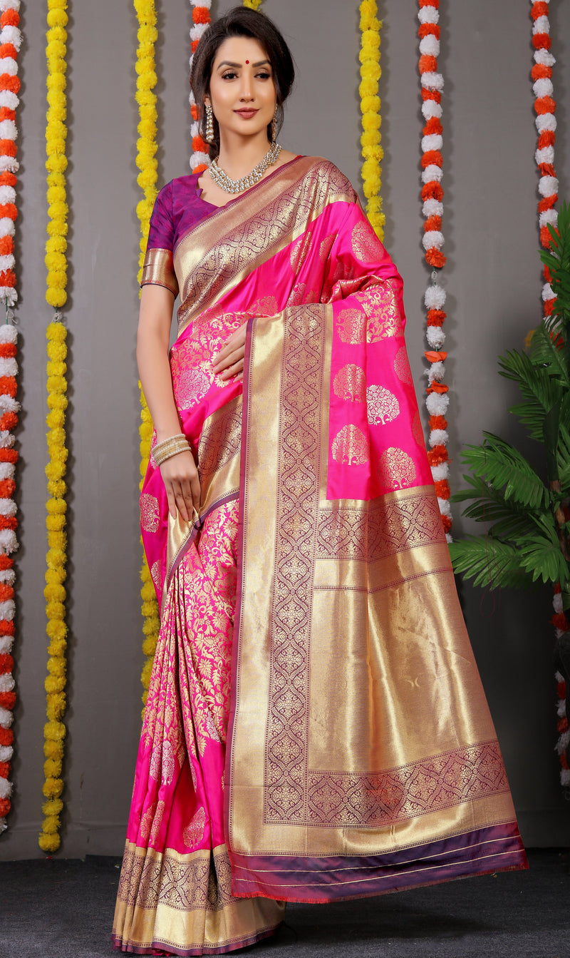 Pink Golden And Silver Tree Design Banarasi Soft Silk Saree