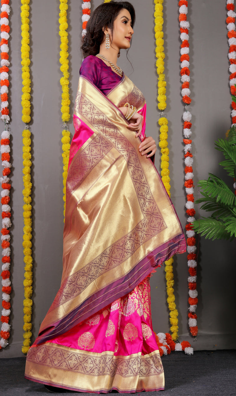 Pink Golden And Silver Tree Design Banarasi Soft Silk Saree