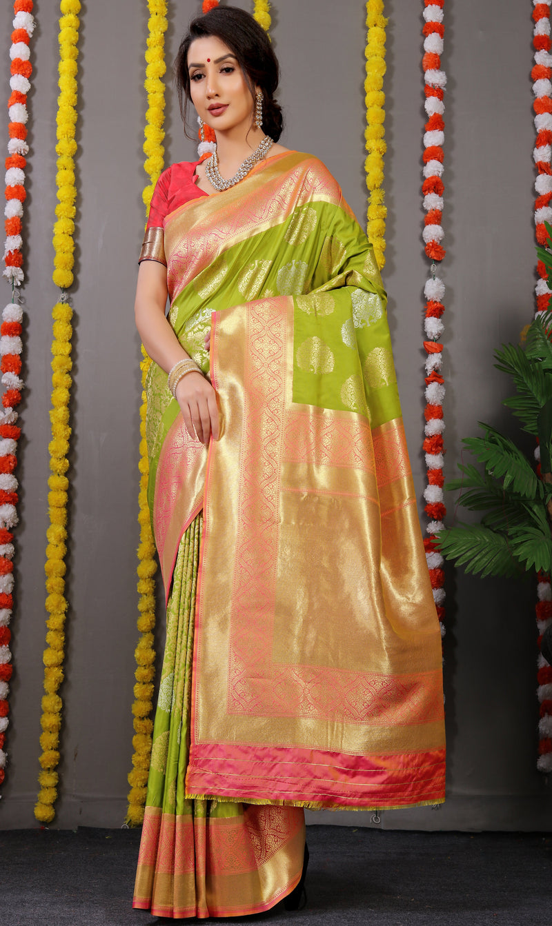 Mehndi Golden And Silver Tree Design Banarasi Soft Silk Saree