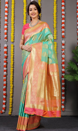 Sea Green Golden And Silver Tree Design Banarasi Soft Silk Saree