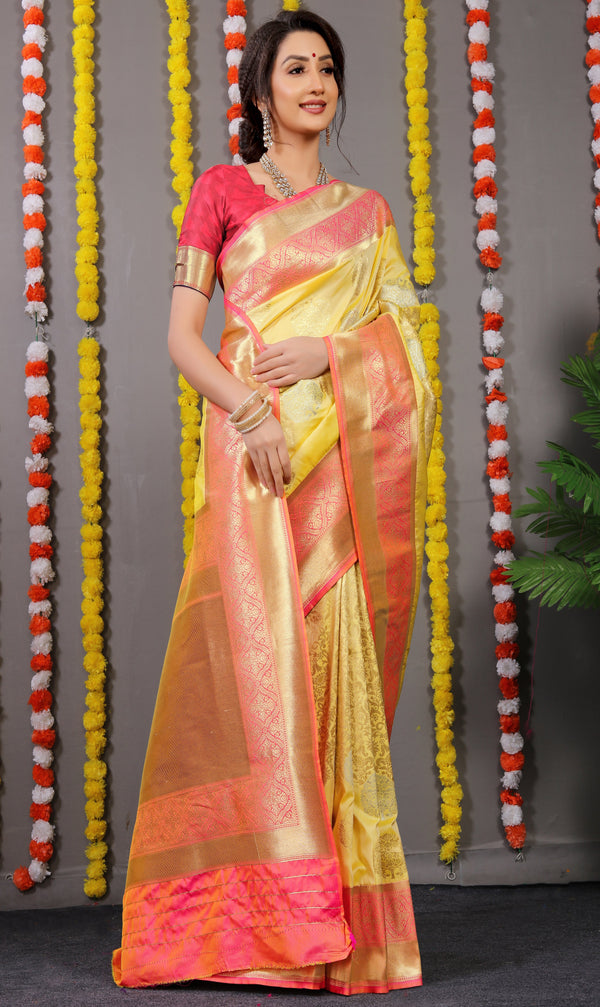 Light Yellow Golden And Silver Tree Design Banarasi Soft Silk Saree