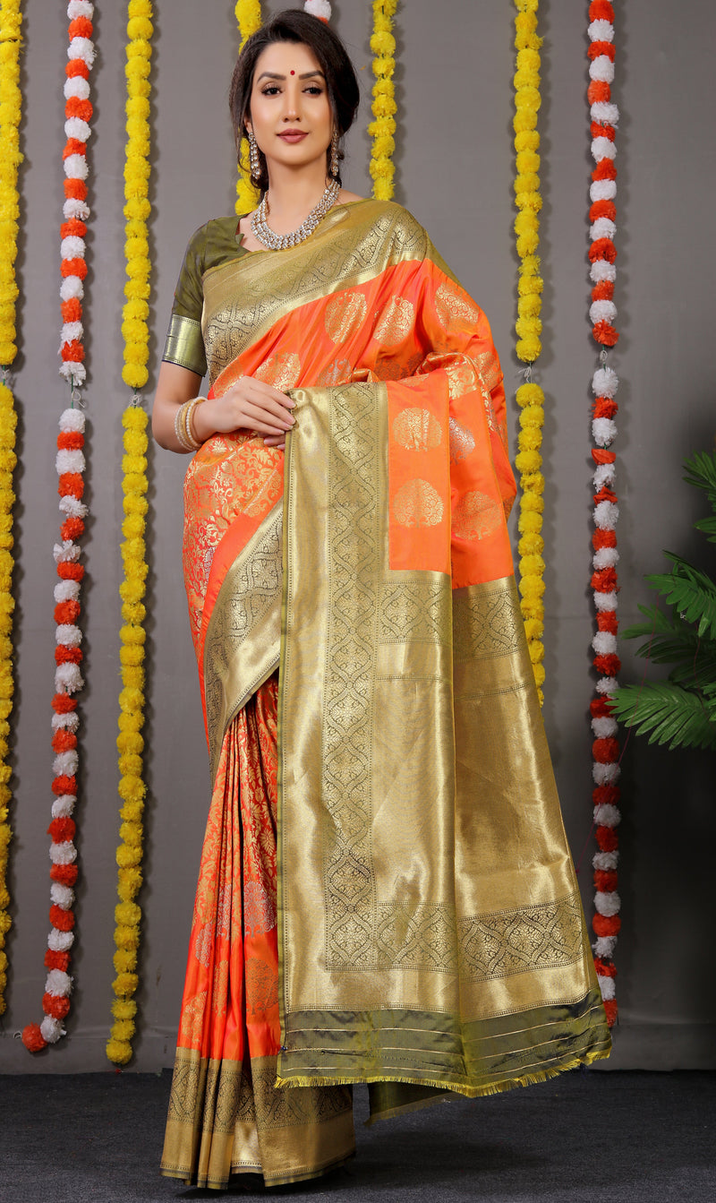 Orange Golden And Silver Tree Design Banarasi Soft Silk Saree