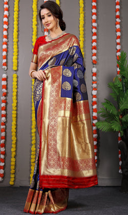 Blue Golden And Silver Tree Design Banarasi Soft Silk Saree
