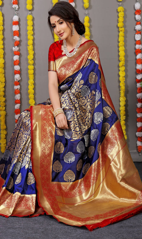 Blue Golden And Silver Tree Design Banarasi Soft Silk Saree