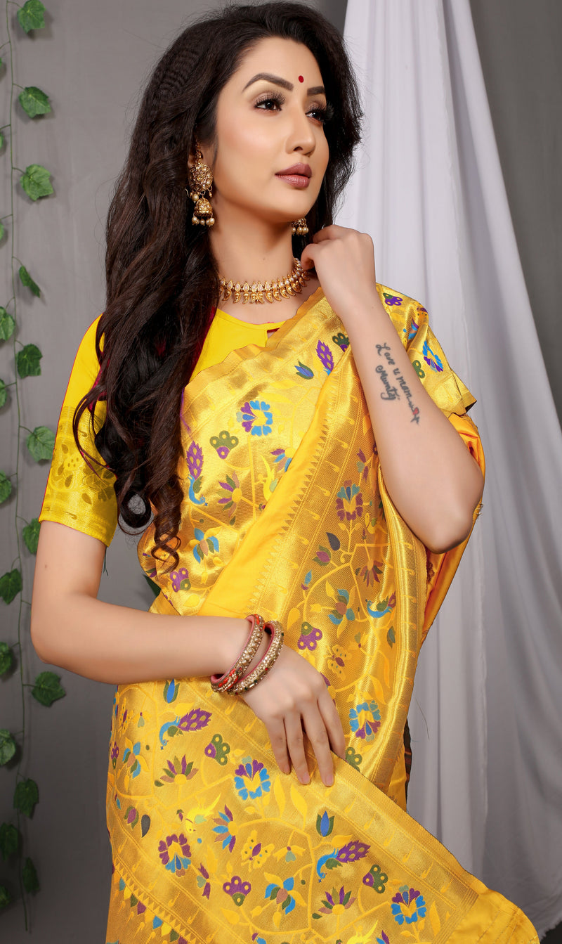 Yellow Paithani Pure silk handloom saree with Pure Jari