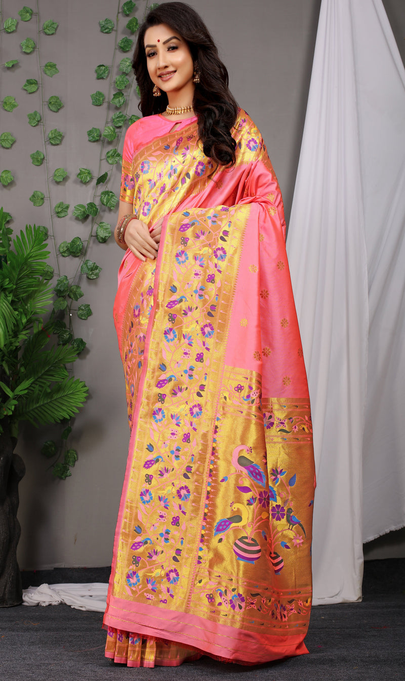Light Coral Paithani Pure silk handloom saree with Pure Jari