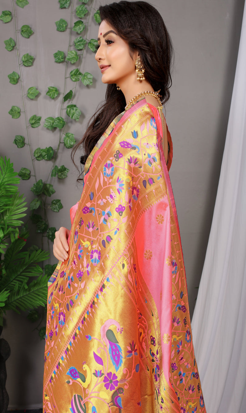 Light Coral Paithani Pure silk handloom saree with Pure Jari