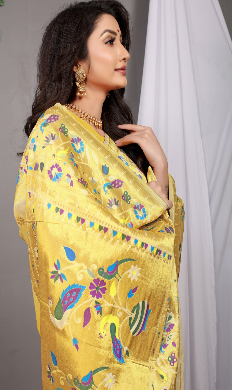 Lemon Paithani Pure silk handloom saree with Pure Jari