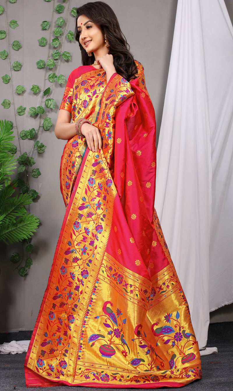 Crimson Paithani Pure silk handloom saree with Pure Jari