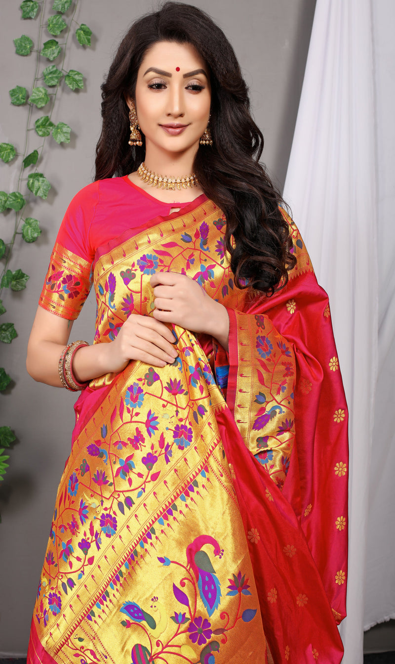 Crimson Paithani Pure silk handloom saree with Pure Jari