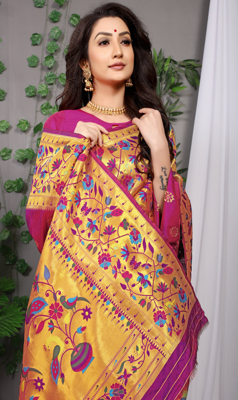 Magenta Paithani Pure silk handloom saree with Pure Jari