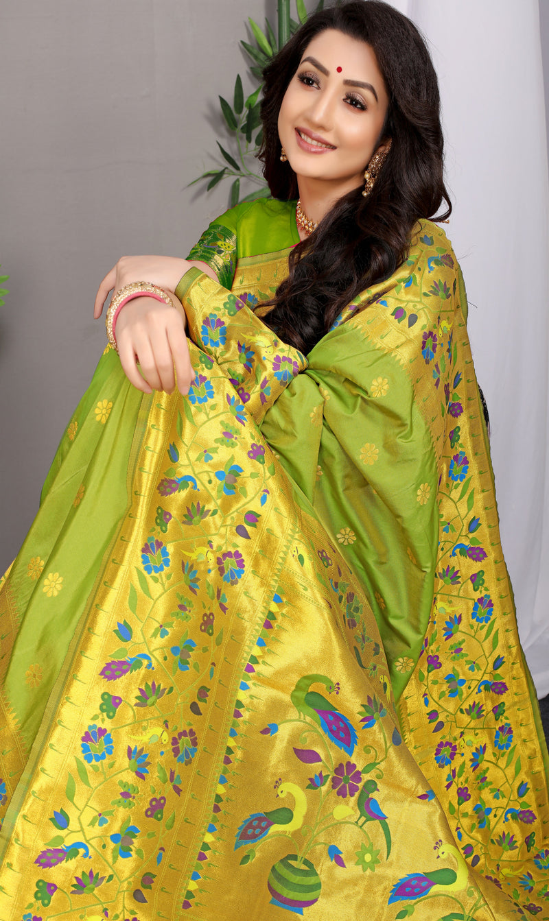 Pear Green Paithani Pure silk handloom saree with Pure Jari