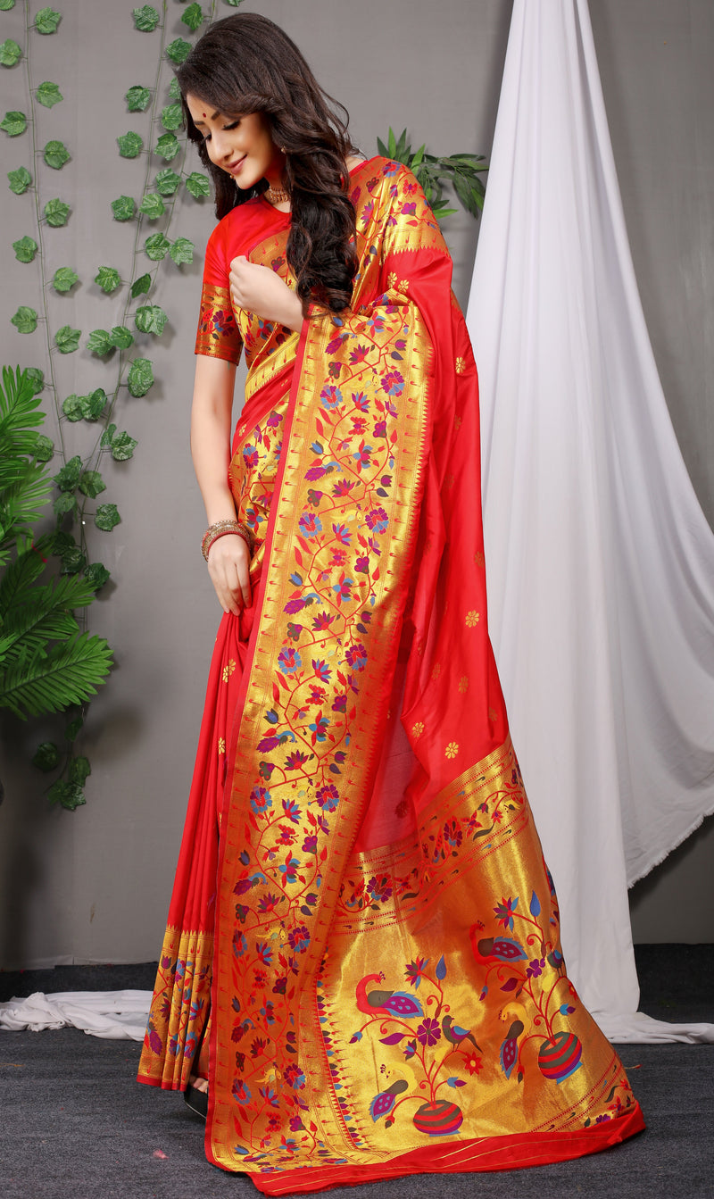 Red Paithani Pure silk handloom saree with Pure Jari