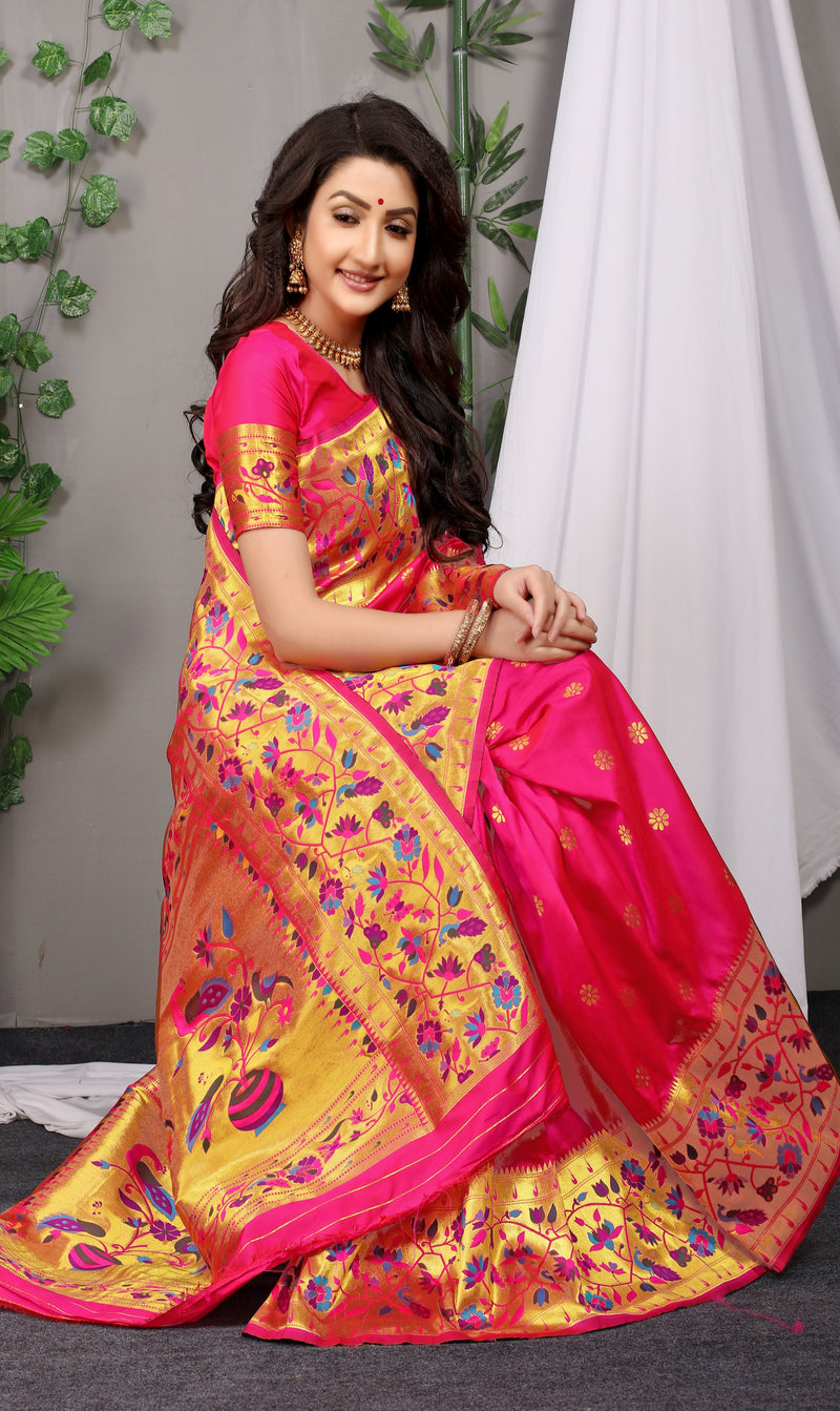 Hot Pink Paithani Pure silk handloom saree with Pure Jari