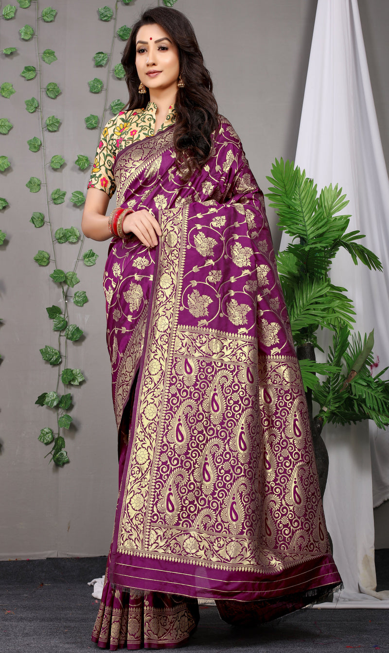 Wine Color Golden Leaf Design Kanchipuram Pure silk handloom saree