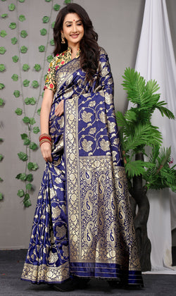 Navy Blue Color Golden Leaf Design Kanchipuram Pure silk handloom saree
