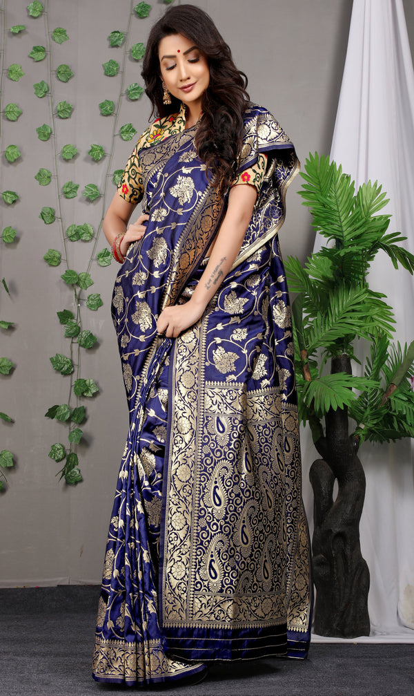 Navy Blue Color Golden Leaf Design Kanchipuram Pure silk handloom saree