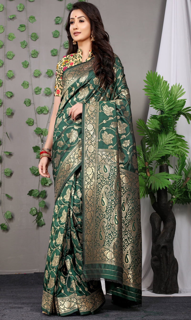 Dark Green Color Golden Leaf Design Kanchipuram Pure silk handloom saree