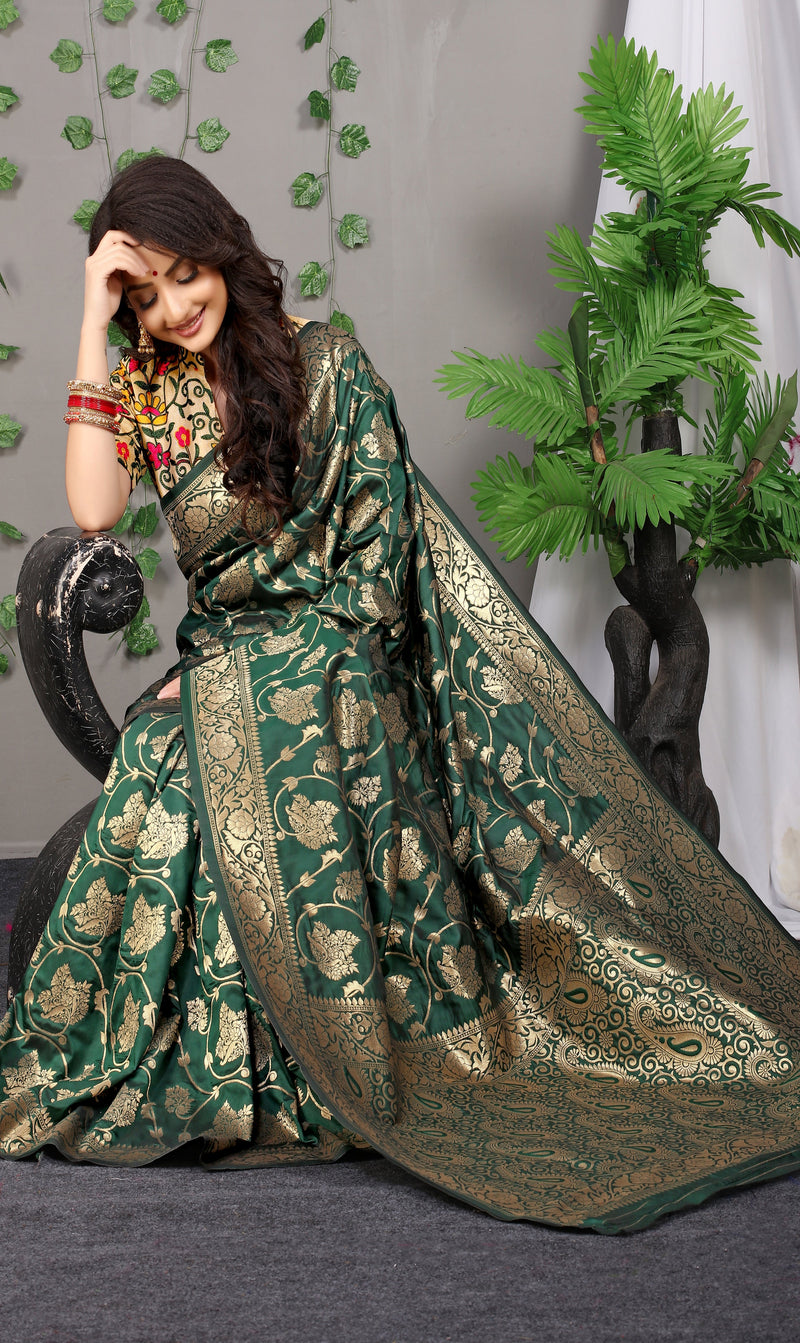 Dark Green Color Golden Leaf Design Kanchipuram Pure silk handloom saree