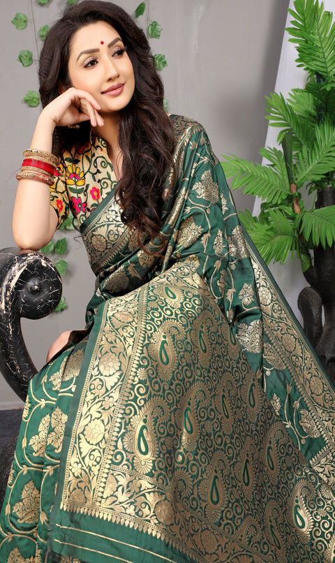 Dark Green Color Golden Leaf Design Kanchipuram Pure silk handloom saree