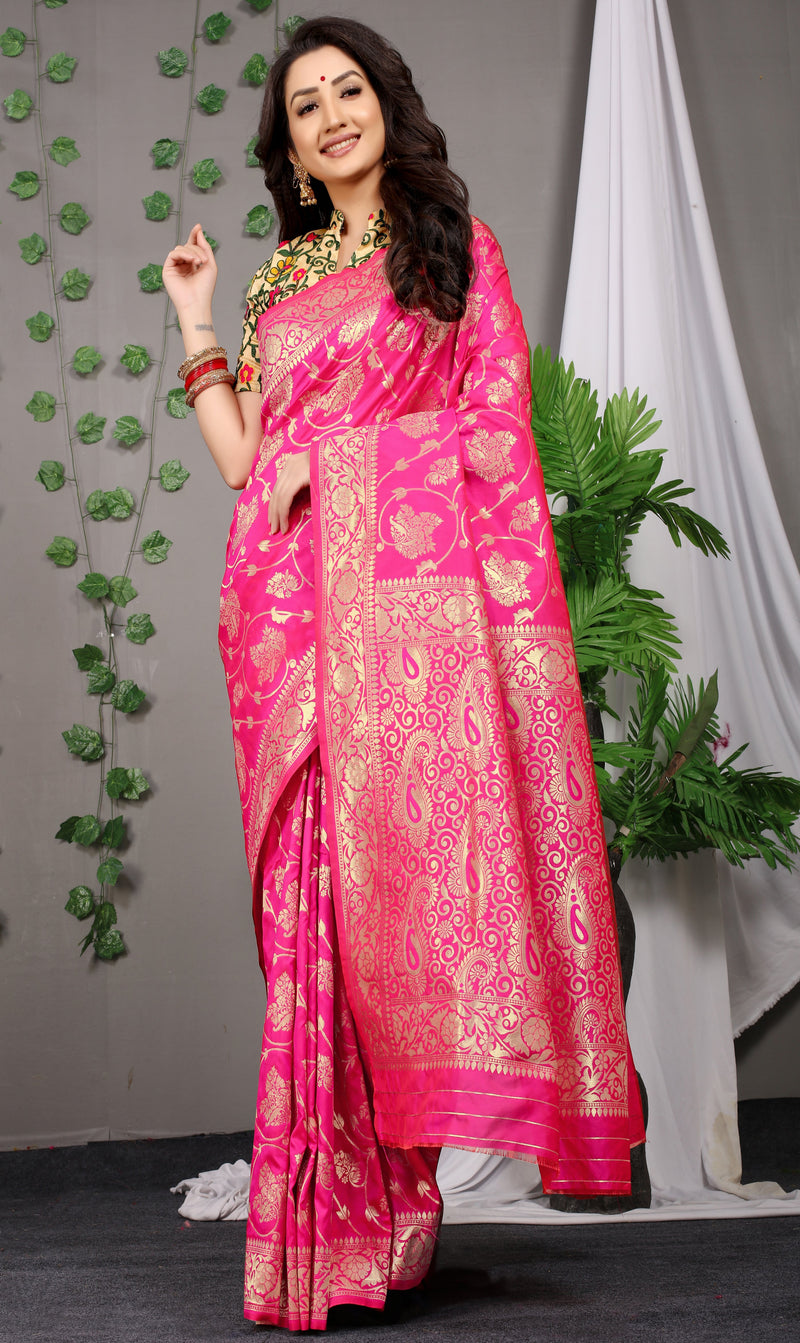 Water Melon Pink Color Golden Leaf Design Kanchipuram Pure silk handloom saree