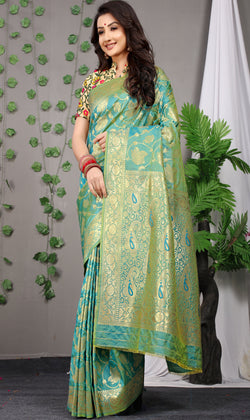 Sea Green Color Golden Leaf Design Kanchipuram Pure silk handloom saree