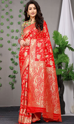 Red Color Golden Leaf Design Kanchipuram Pure silk handloom saree