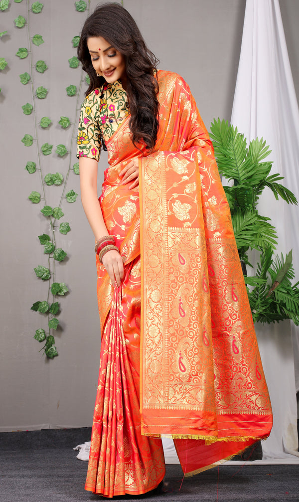 Orange Color Golden Leaf Design Kanchipuram Pure silk handloom saree