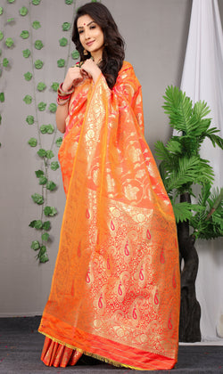 Orange Color Golden Leaf Design Kanchipuram Pure silk handloom saree