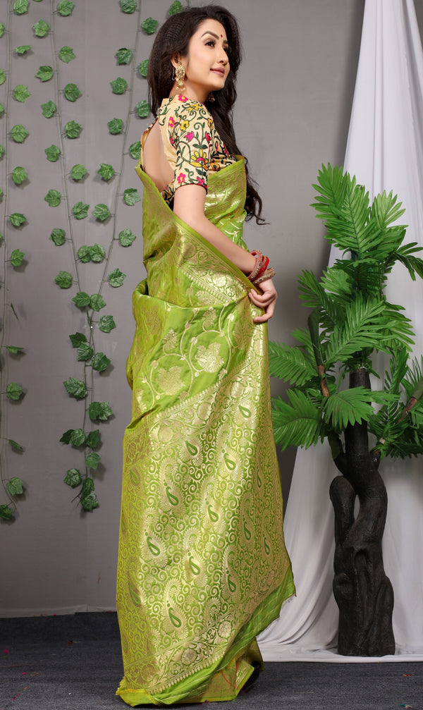 Olive Color Golden Leaf Design Kanchipuram Pure silk handloom saree