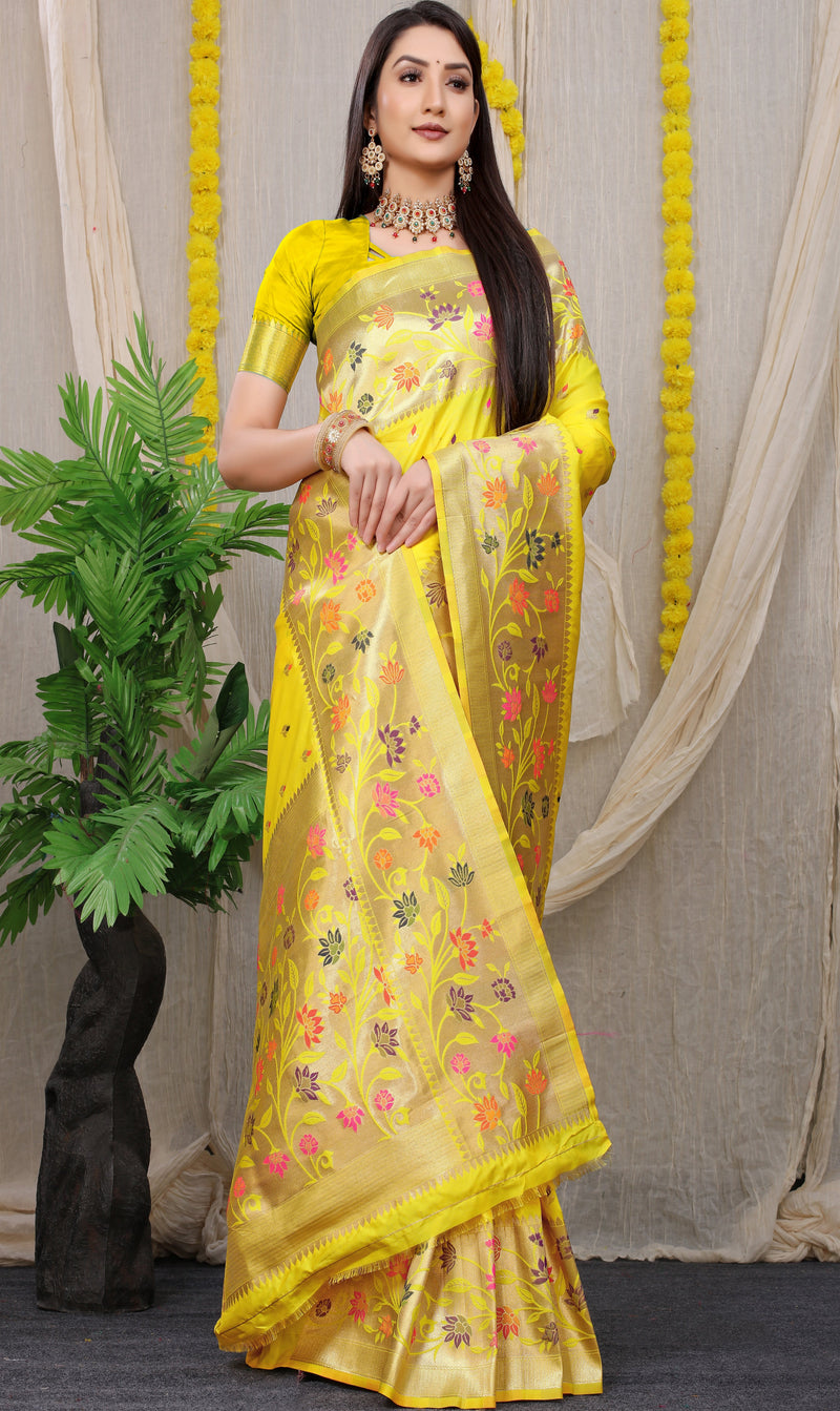 Lemon Yellow Banarasi Soft Silk Saree With Waving Gold Zari